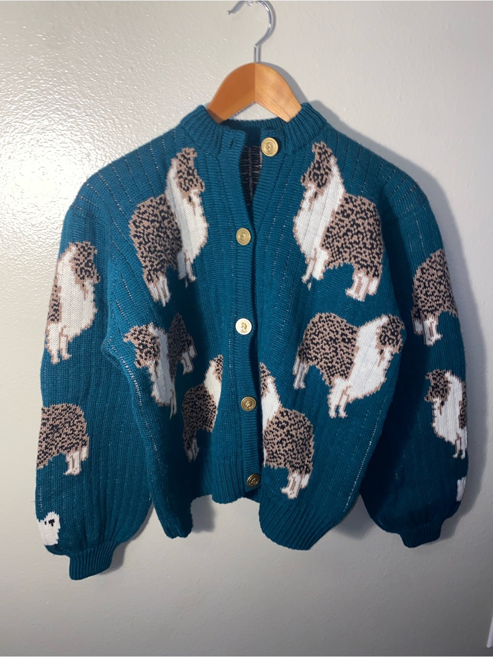 Vintage Wool Sheep/Collie Dog/Equestrian Intarsia Knit Cardigan Sweater L/XL